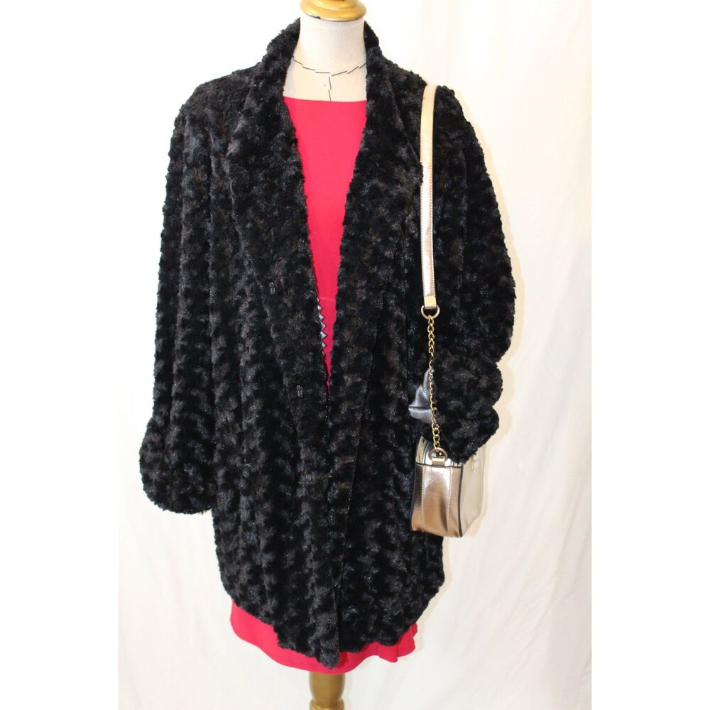 Dennis Basso Black Faux Fur Coat Elegant Luxe Mob Wife 2X - Picture 11 of 13